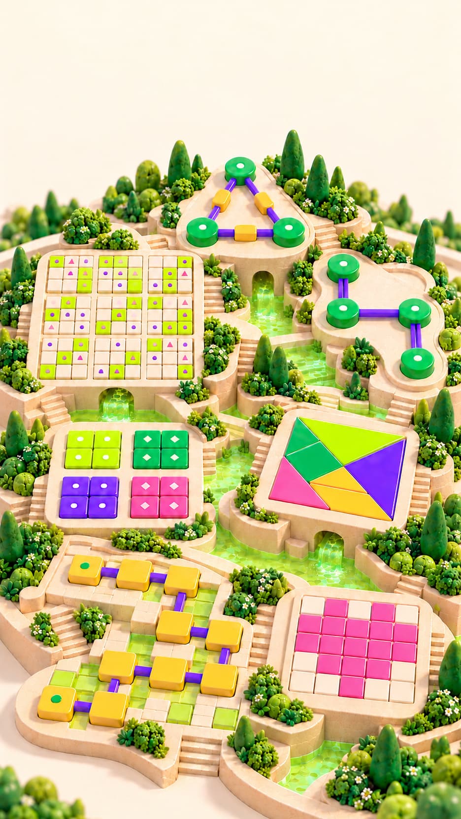 Brainery's world: seven puzzle districts on cream terraces with gardens and lime water, from Hashi bridges and an Arithmagons triangle to a Sudoku grid, a Tangram, a SumPath trail, Connections tiles and a Nonogram heart