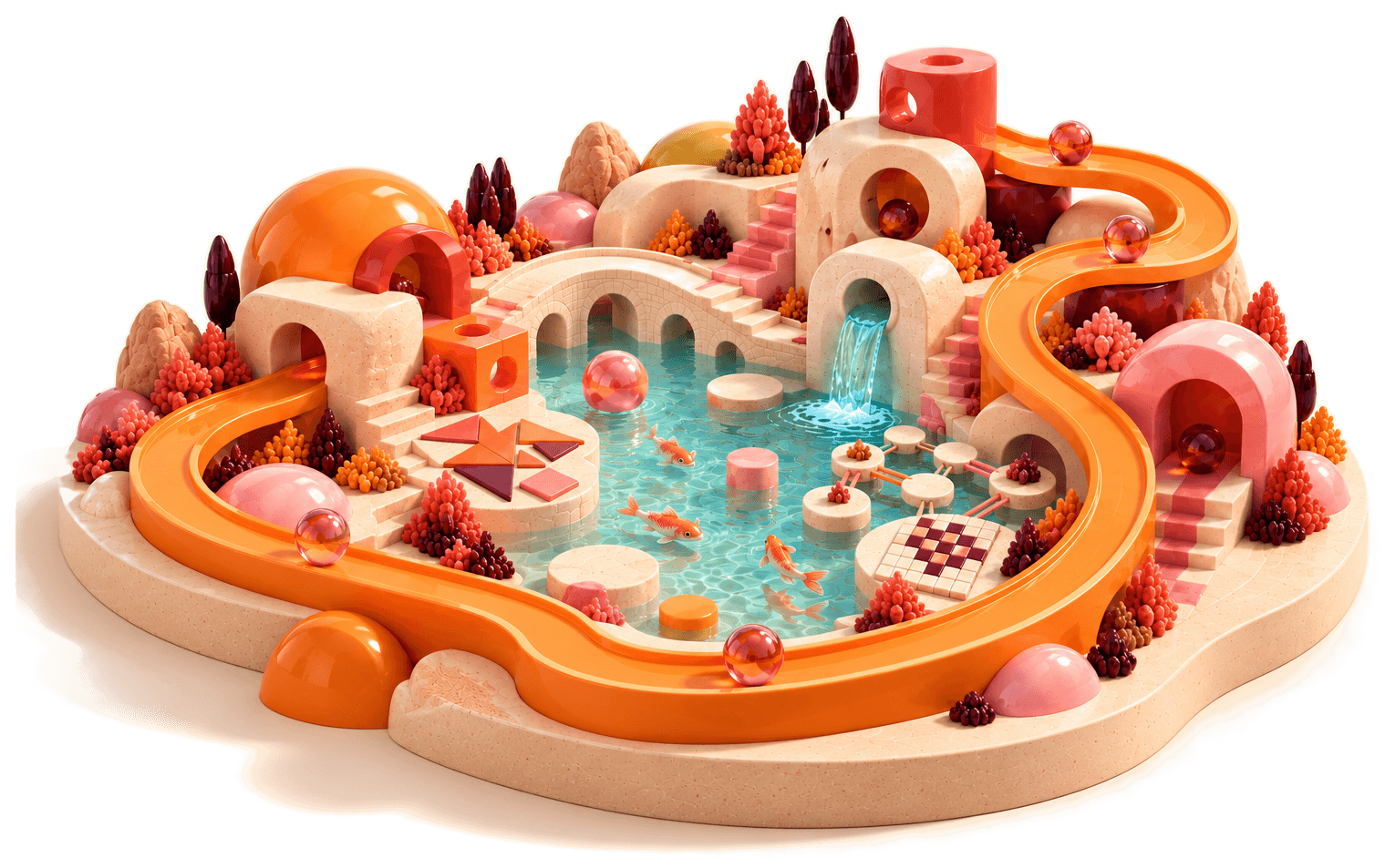 A miniature park island: a turquoise pond with orange fish, Hashi stepping stones joined by bridges, a Tangram terrace, a Nonogram tile, sandstone arches, a waterfall and an orange marble track around the edge