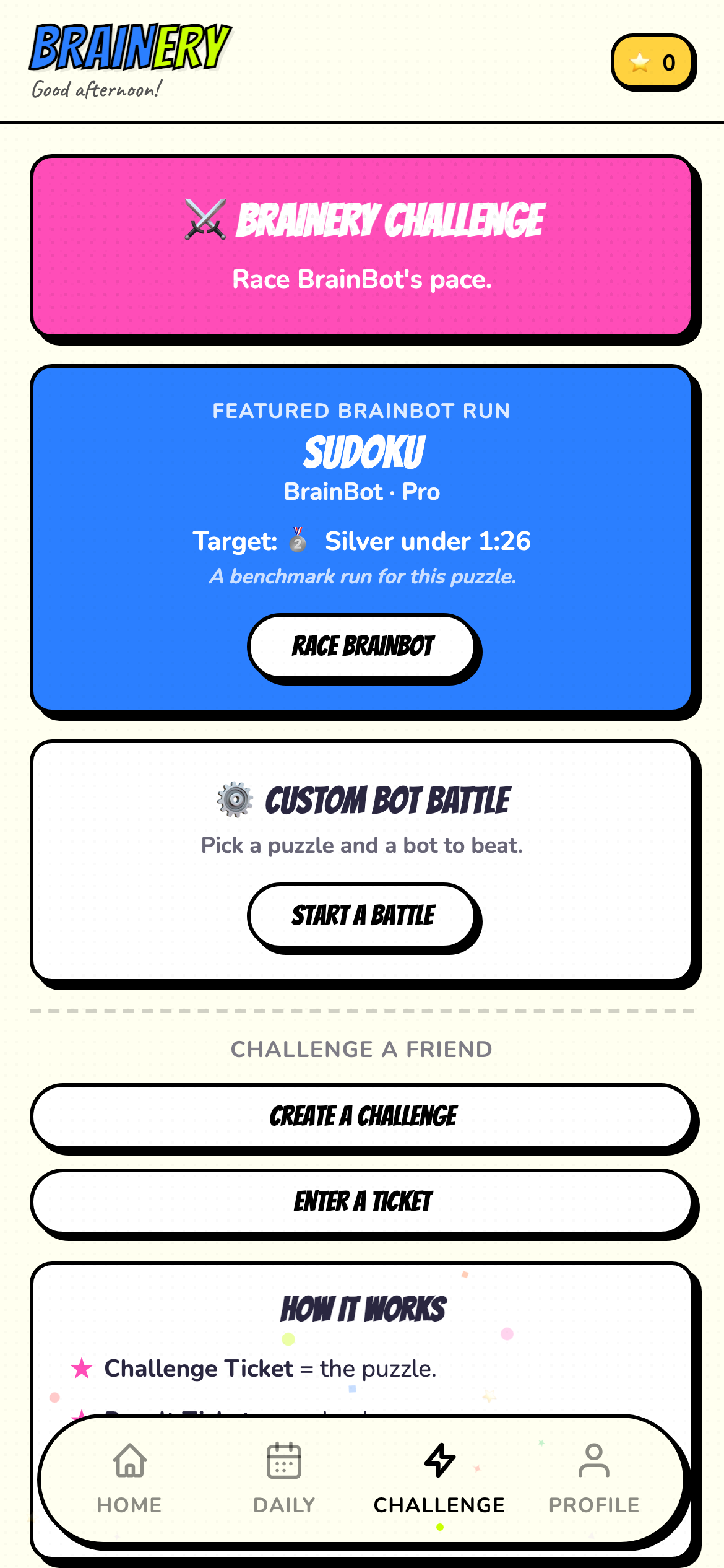 Brainery challenge screen with BrainBot and Custom Bot Battle options