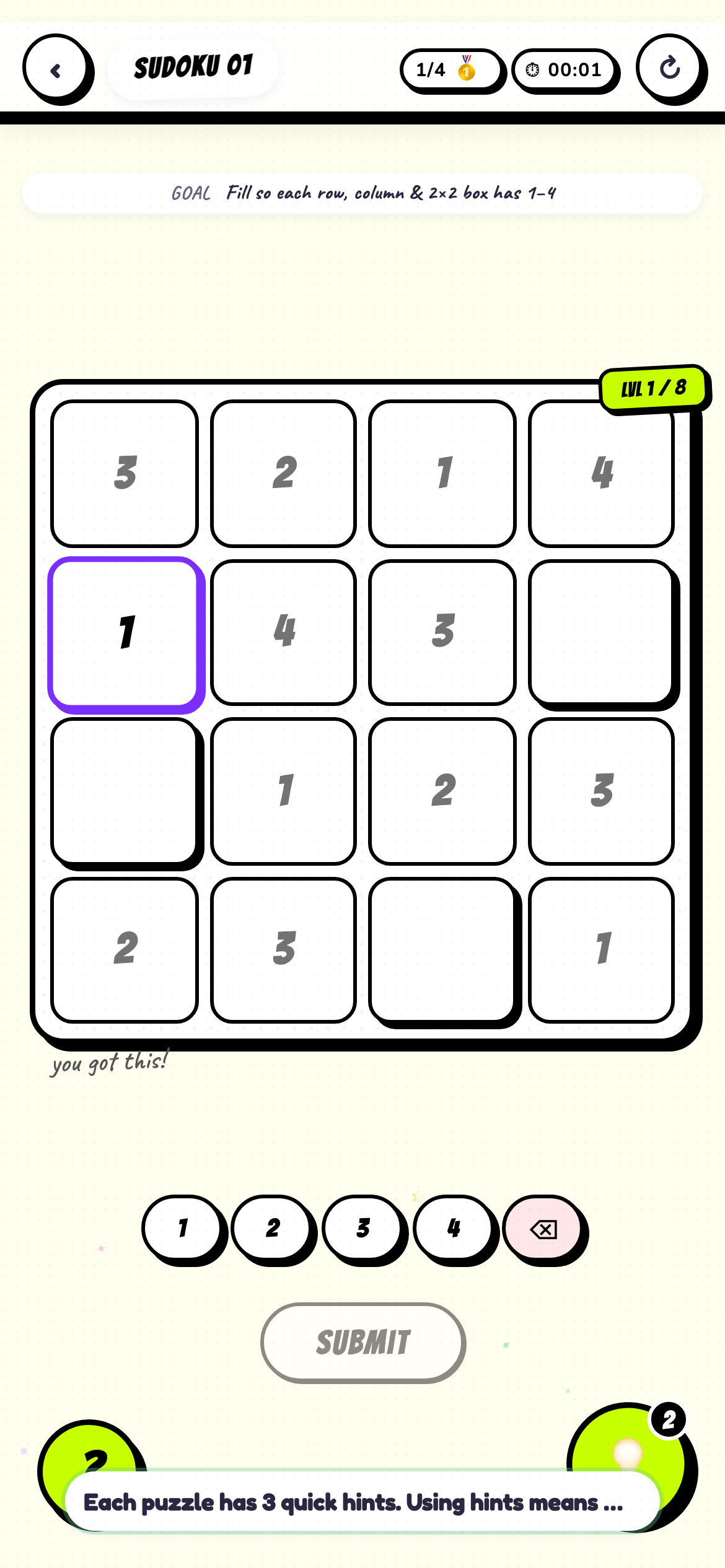 Brainery puzzle screen showing an available hint