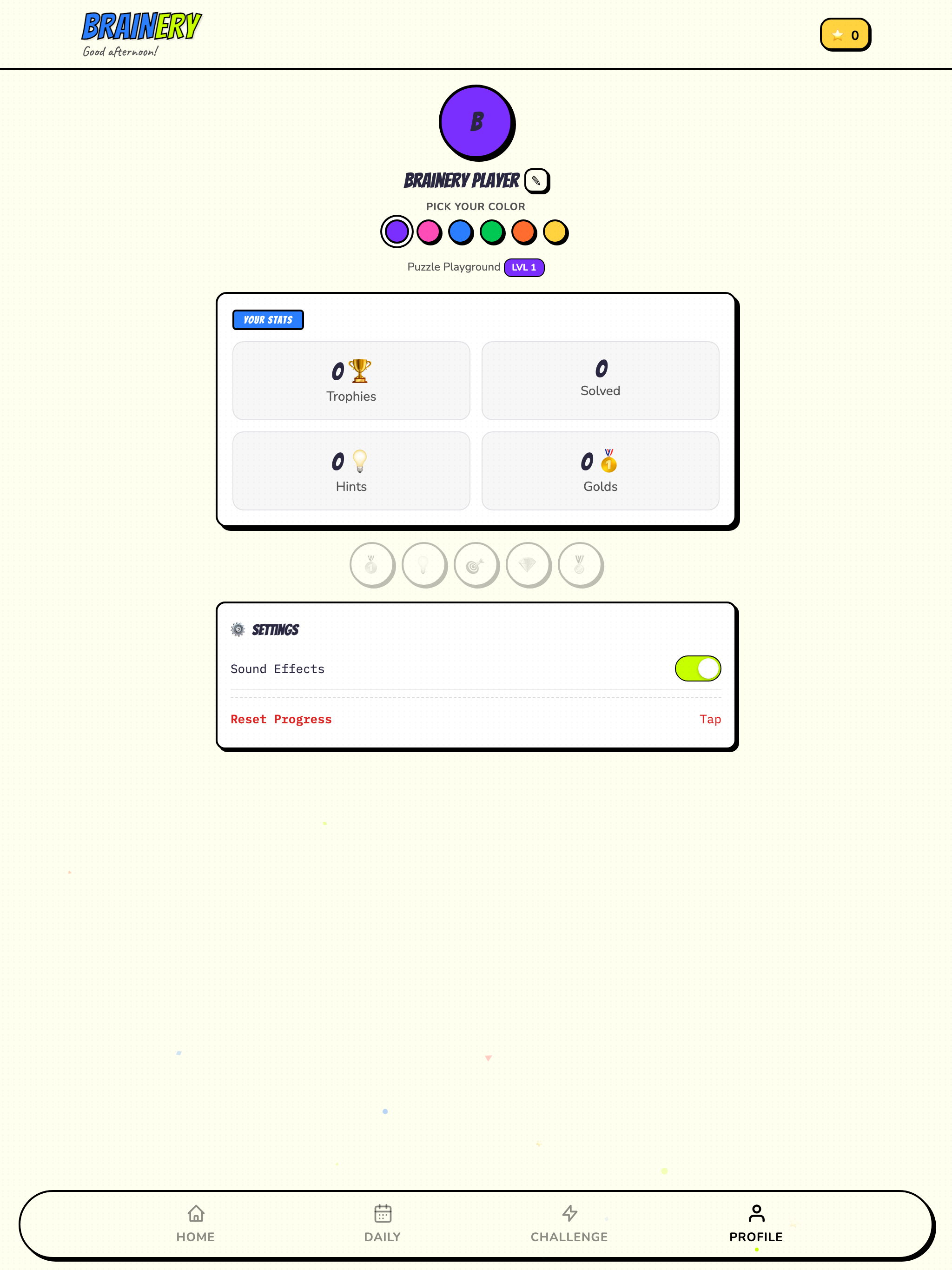 BRAINERY PLAYER tablet profile showing colour choices, stats, trophies, and settings